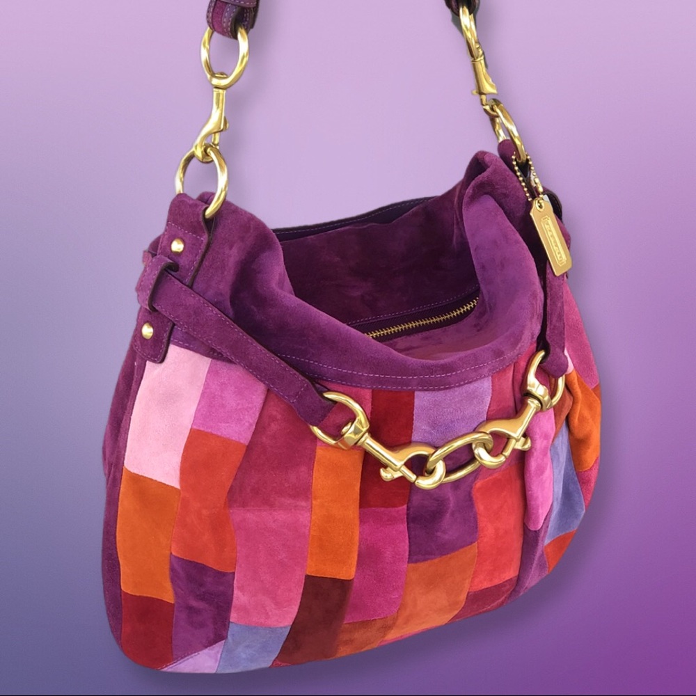 Coach Hamptons Plum Mosaic Limited Edition Shoulder Hobo Bag Brass Hand Tag